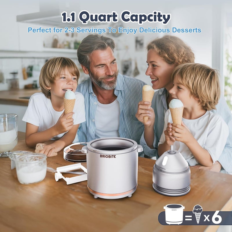 BRIOBITE 1.1 Quart Ice Cream Maker – Electric Ice Cream Machine for Gelato, Milkshakes & Sorbet,Perfect for 2-3 Servings, Easy to Use & Clean,Silver - Image 2